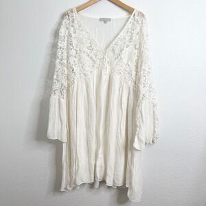 J Gee Embroidered Lace Trimmed V Neck Bell Sleeve Tunic Dress Ivory M
